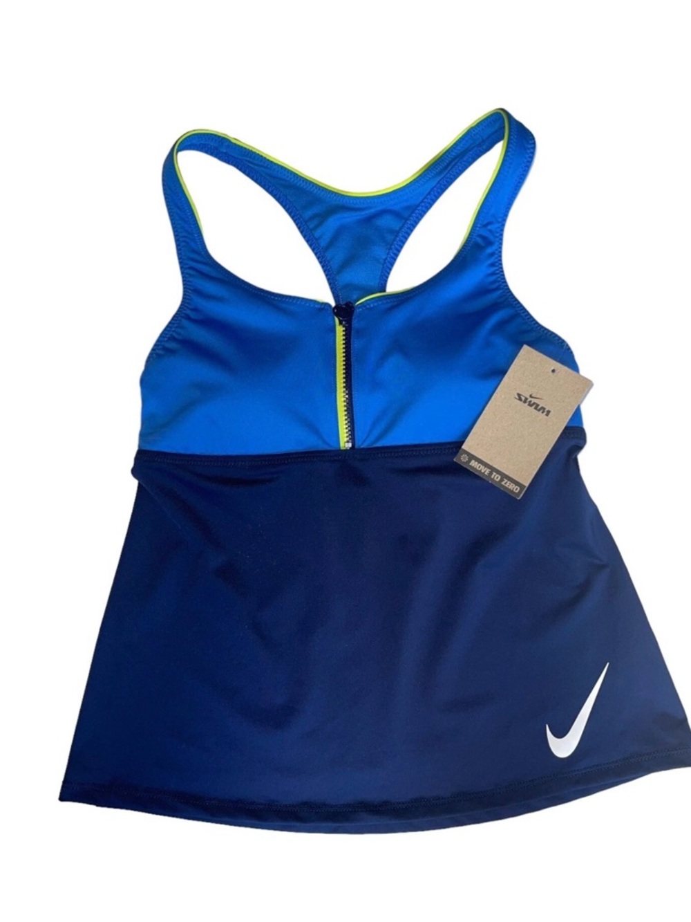 NEW Nike Women’s Small Blue White Tankini Swim Top Neon Zip‎ Move to Zero